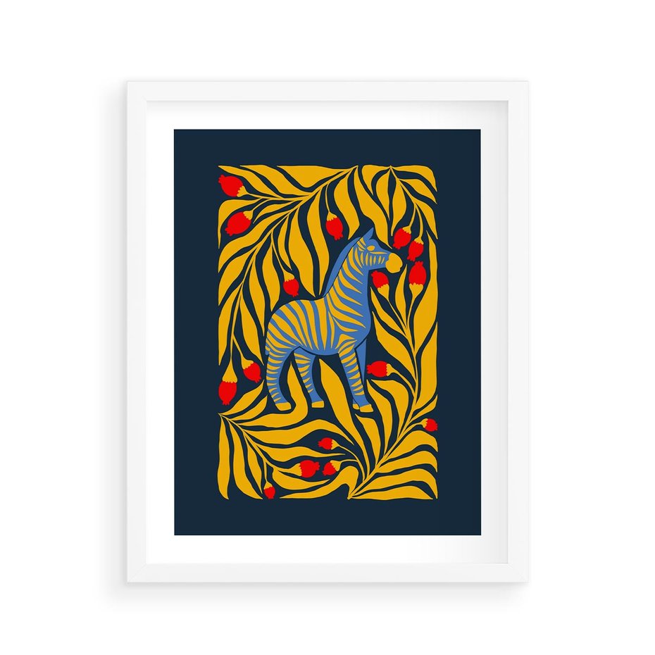 Plakat w ramie 40x50 - Wibracje Wyobraźni - zebra, granatowe tłó - rama biała
