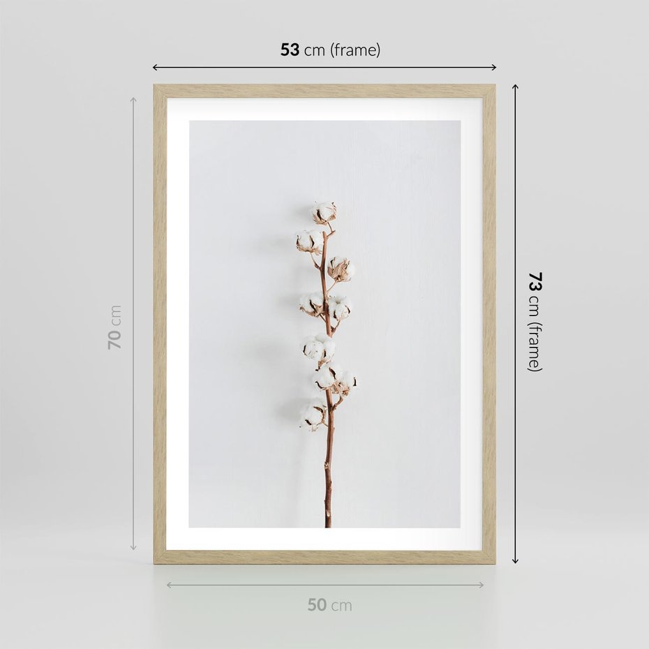 Plakat w ramie 50x70 - Minimalistyczna Gałązka Bawełny - bawełna, gałązka bawełny - rama drewno