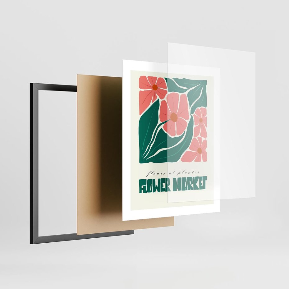Plakat w ramie 40x50 - Retro Inspiracja - minimalistyczna kwiatowa kompozycja, pastelowe kolory - rama czarna