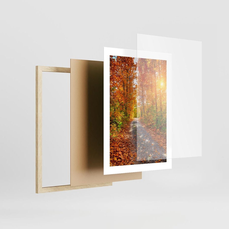 Plakat w ramie 30x40 - Kolorowe drzewa na ścieżce jesieni - las, jesień - rama drewno