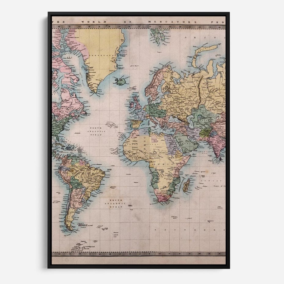 Obraz w ramie 50x70 - Światło Przeszłości - retro mapa świata, mapa - rama czarna