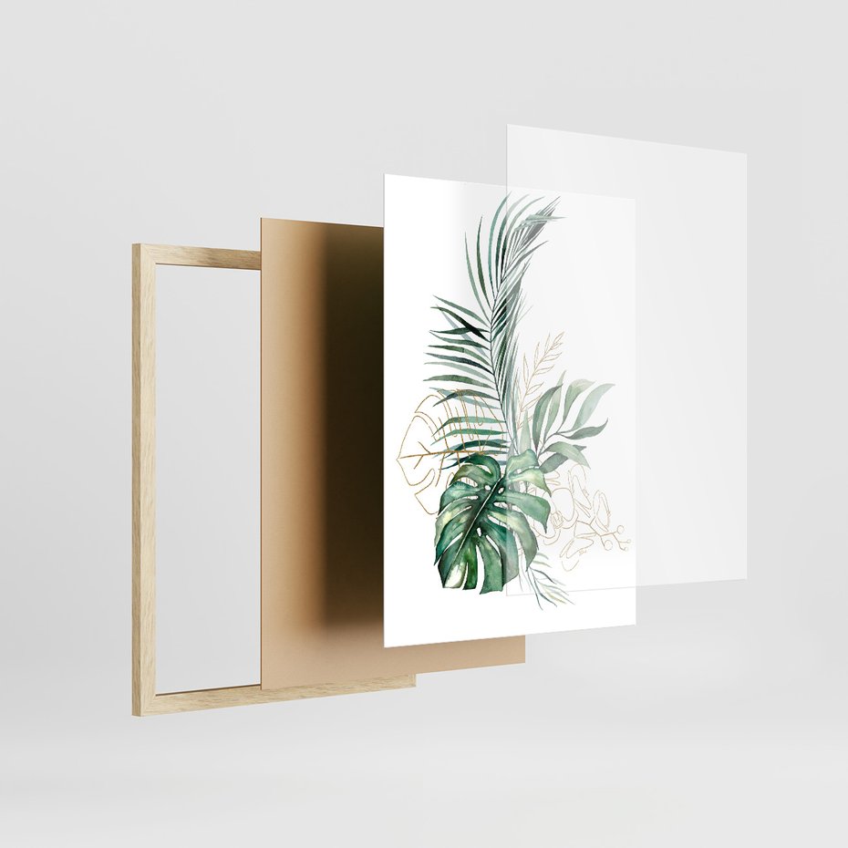 Zestaw obrazy w ramie 40x50 galeria - Liście, monstera, palma, złote, akwarela - rama drewno