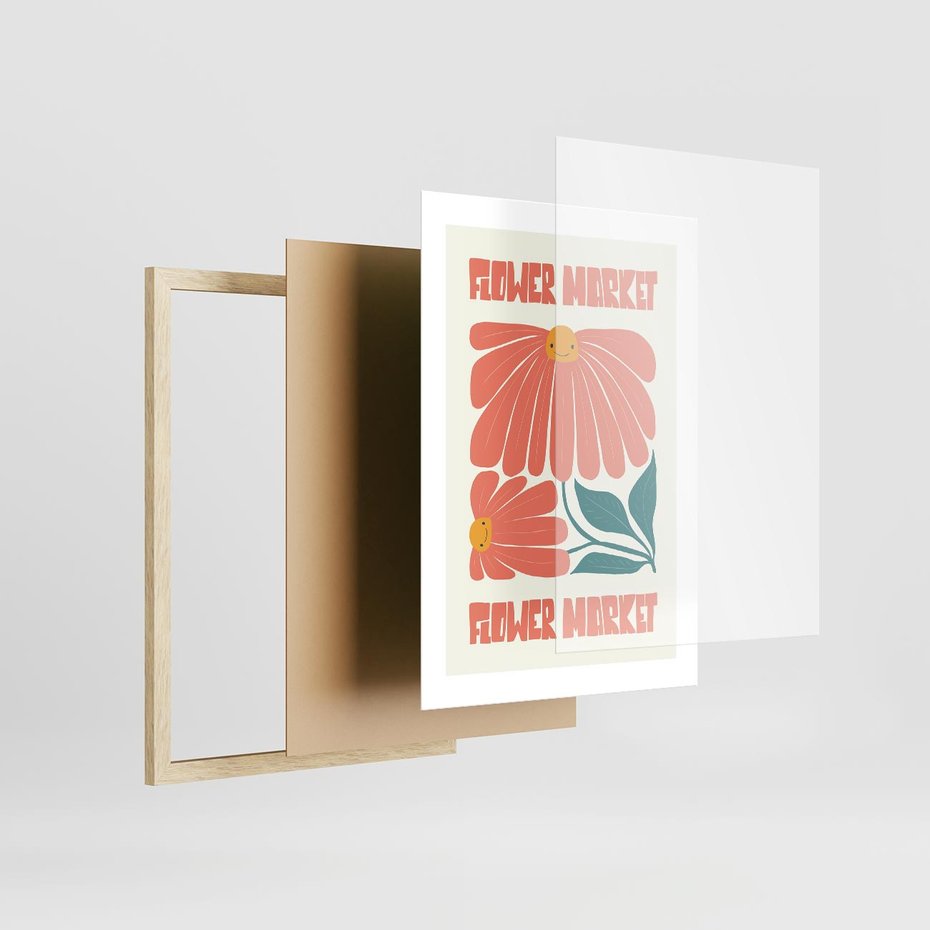 Plakat w ramie 30x40 - Retro Radość - typografia, wesołe kwiaty - rama drewno