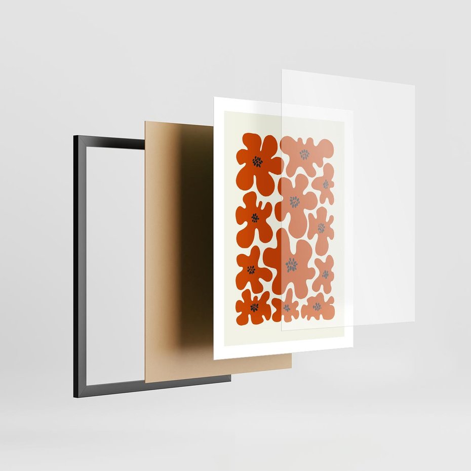 Plakat w ramie 50x70 - Wibracje Przestrzeni - abstrakcyjne czerwone kwiaty, kompozycja - rama czarna