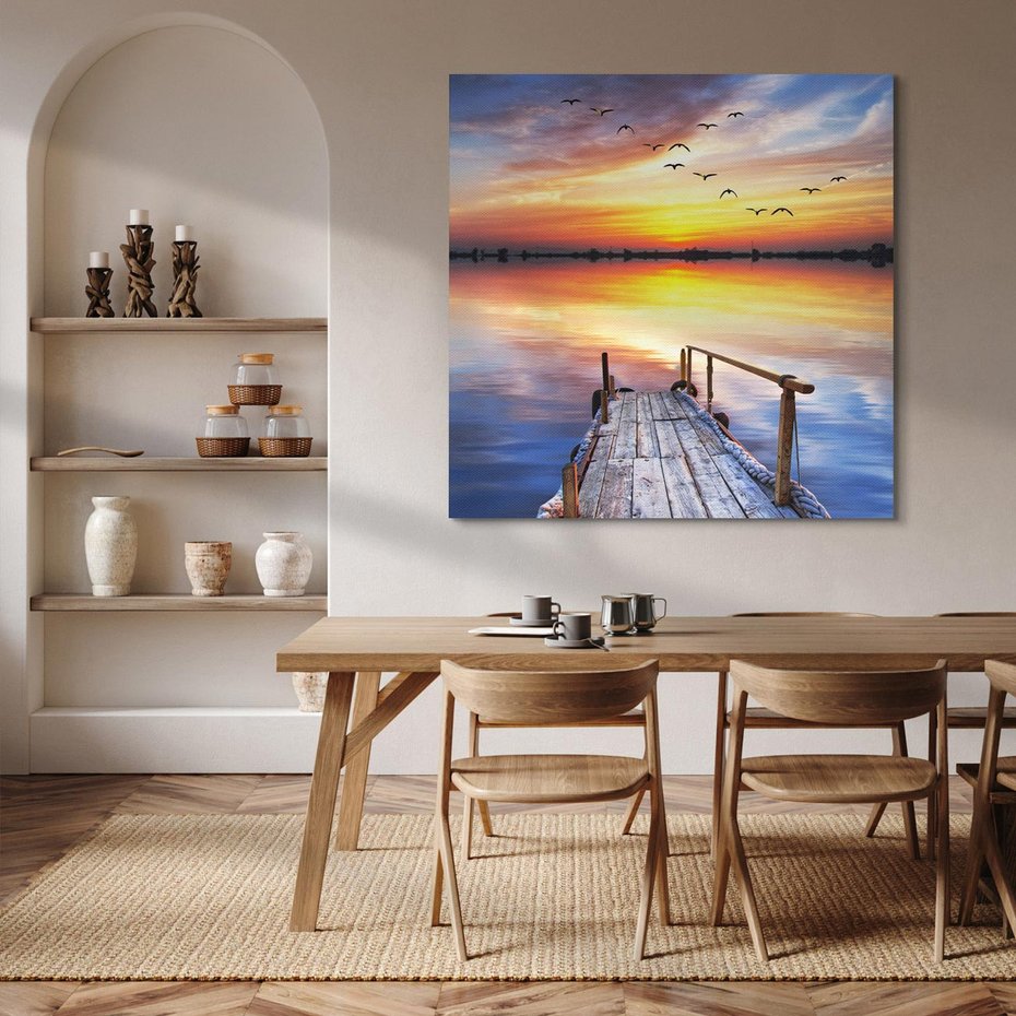 Obraz na płótnie 50x50 - Zachód słońca na pomostcie - pomost, zachód