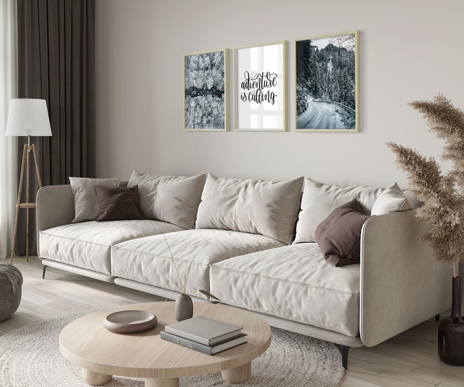 Zestaw obrazy w ramie 30x40 galeria - Zimowa, przygoda, cytat, typografia - rama drewno