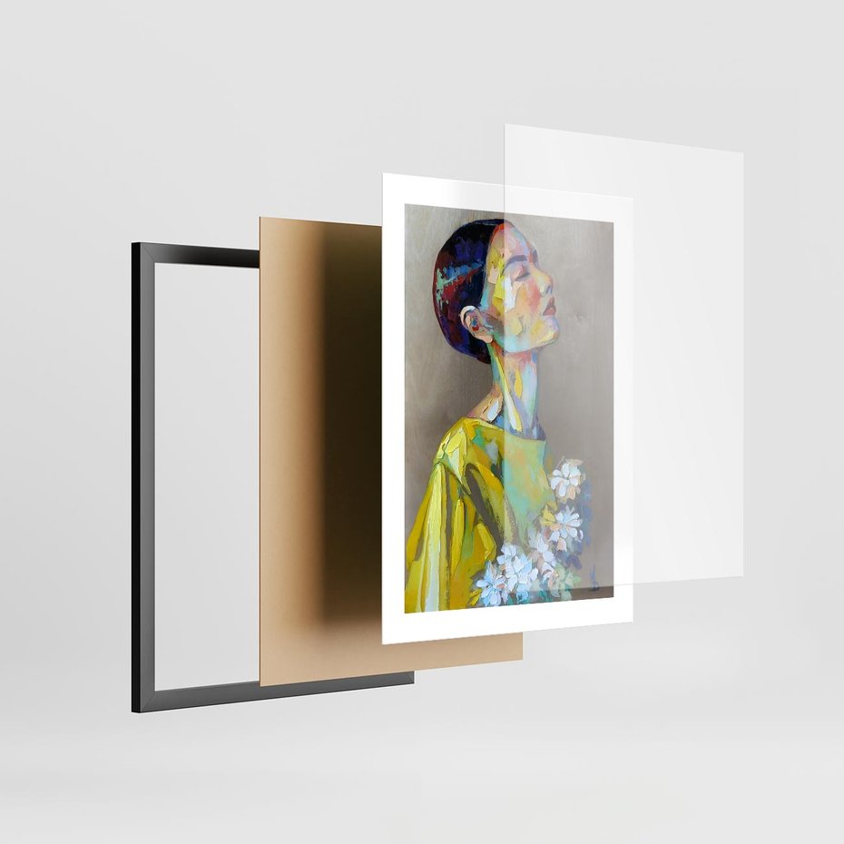Plakat w ramie 30x40 - W Żółtej Sukience - olejny abstrakcyjny obraz, portret kobiety w żółtej sukience - rama czarna