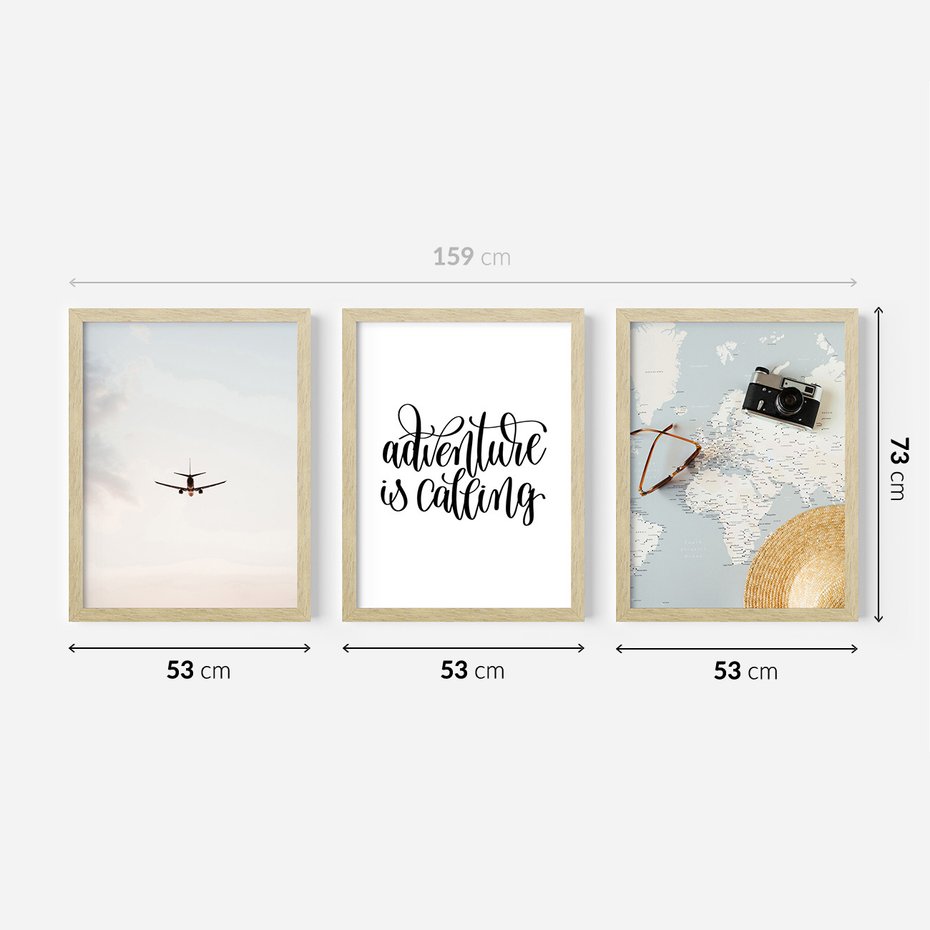 Zestaw obrazy w ramie 50x70 galeria - Podróż, wakacje, samolot, typografia - rama drewno