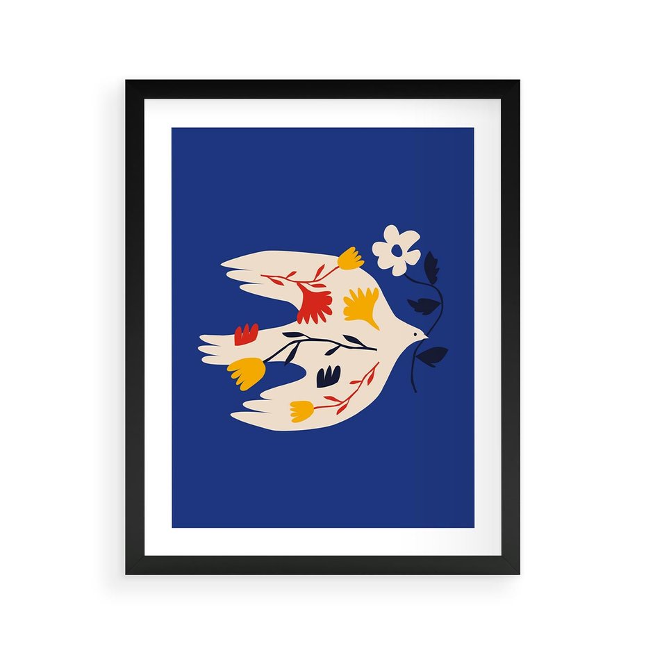 Plakat w ramie 40x50 - Bezczasowy Szept - niebieskie tło, abstrakcyjny biały ptak - rama czarna