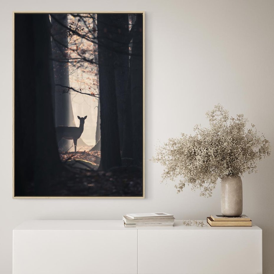 Obraz w ramie 50x70 - Sarnie Skoki - zdjęcie, klimatyczny las - rama drewno