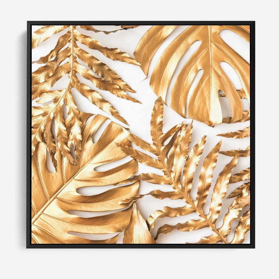 Obraz w ramie 50x50 - Monstera Złote Liście - monstera, złote - rama czarna