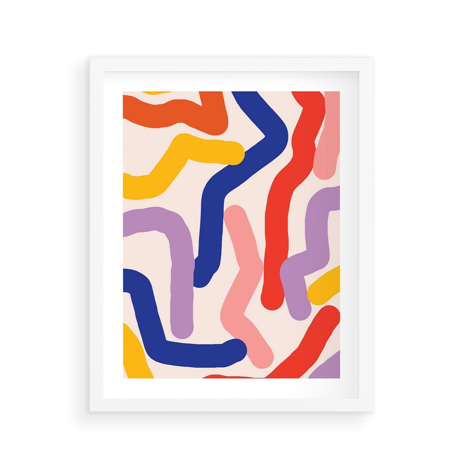 Plakat w ramie 40x50 - Abstrakcyjne Dialogi - abstrakcyjny kolorowy obraz, kolorowe linie - rama biała