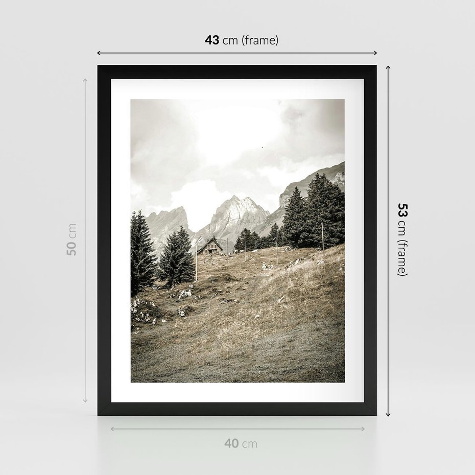 Plakat w ramie 40x50 - Krajobraz Sepii: Domek w Górach - domek w górach, góry - rama czarna