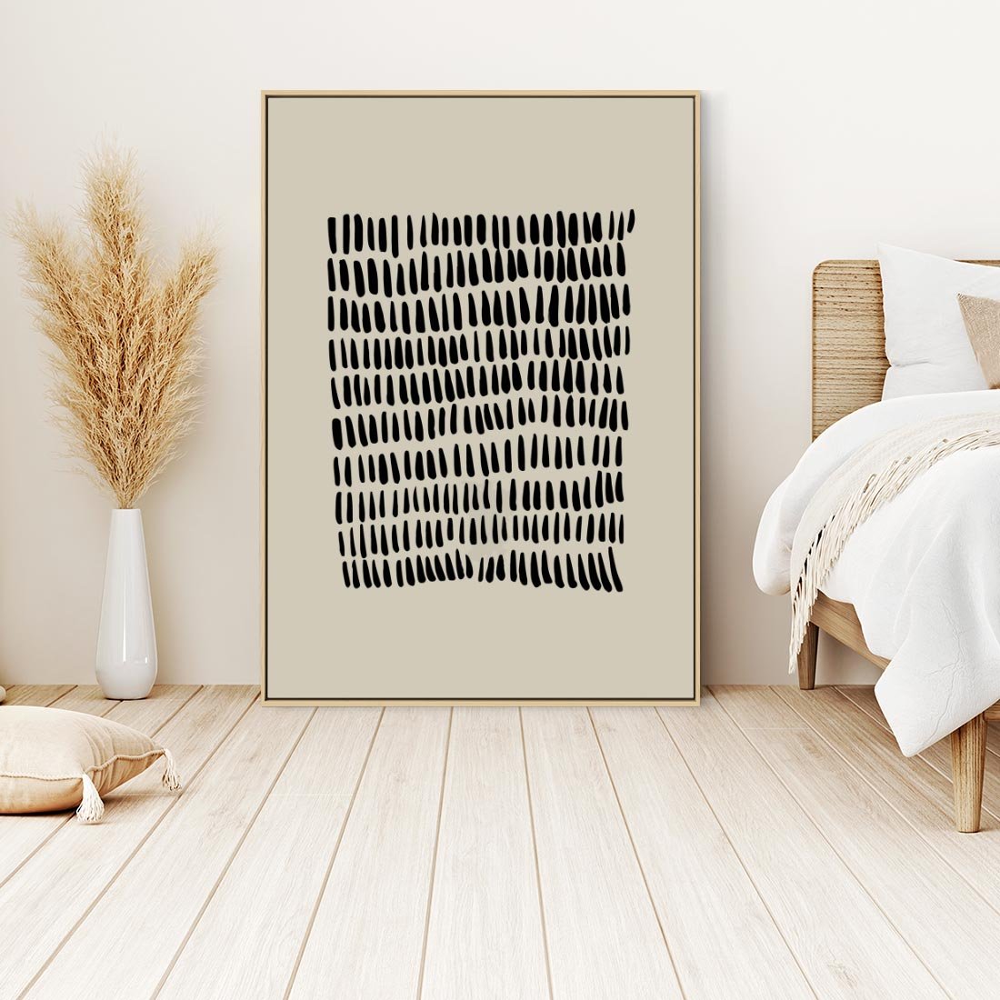 Obraz w ramie 80x120 - Energetyczne Pulsacje Nowości - boho plakat, czarne kropki kreski - rama drewno