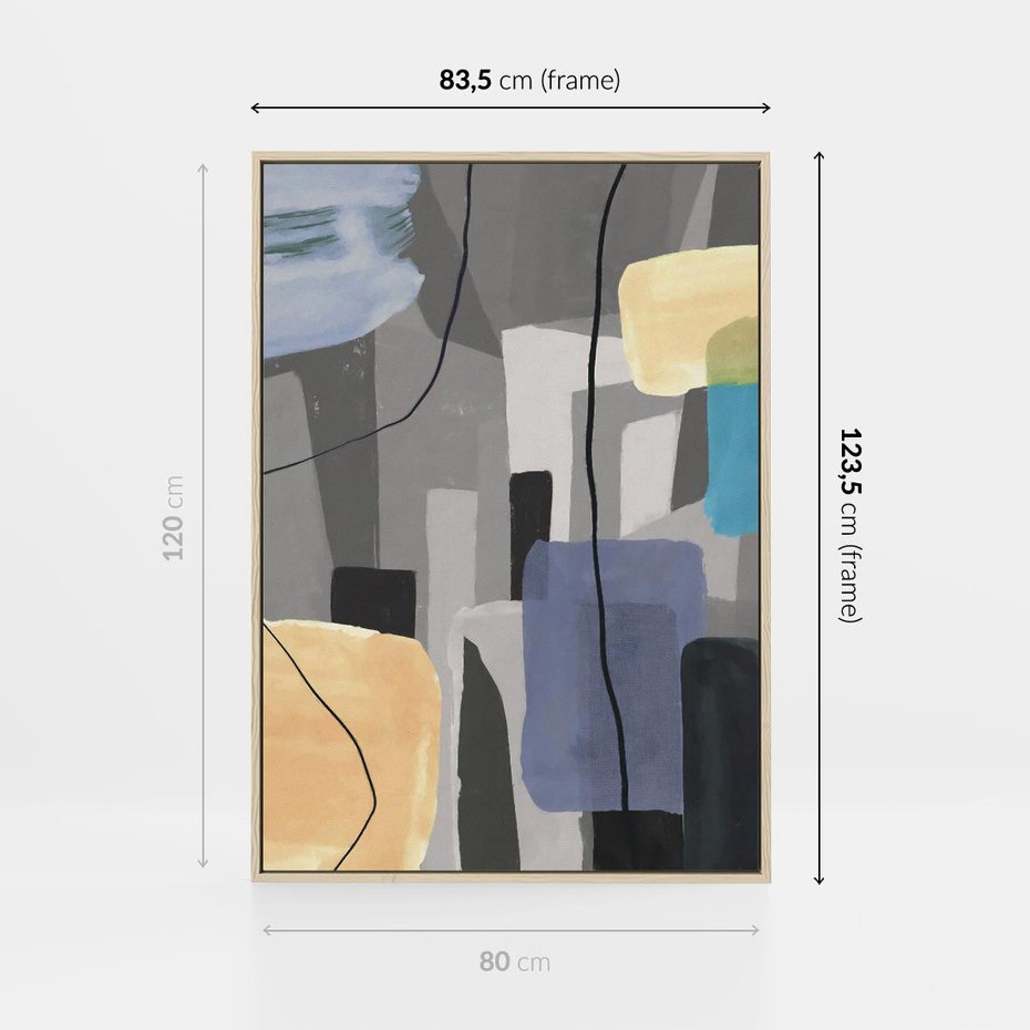 Obraz w ramie 80x120 - Harmonia w chaosie serca - abstrakcja na szarym tle, kolorowe plamy koloru - rama drewno