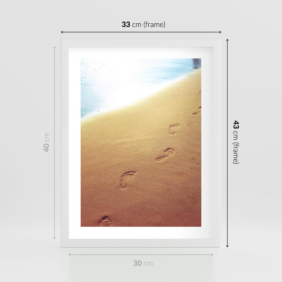 Plakat w ramie 30x40 - Ślad Przygody - ślady, stóp - rama biała