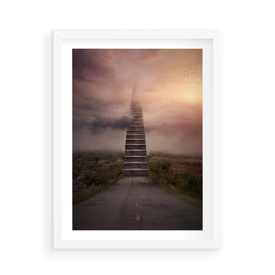 Plakat w ramie 50x70 - Wędrówka po malowniczej drodze - droga, schody - rama biała