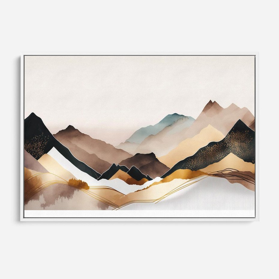 Obraz w ramie 70x50 - Góry Tonące w Pastelach - złote pastelowe góry, akwarela - rama biała