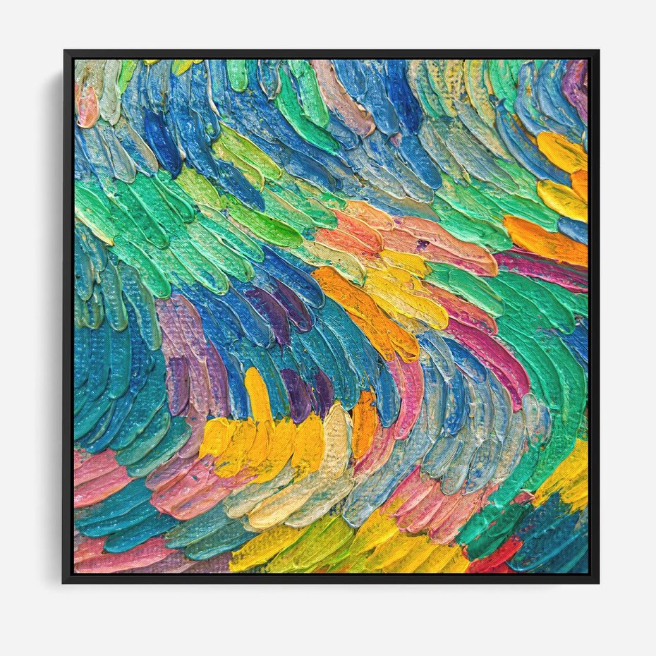 Obraz w ramie 50x50 - Egzotyczne Pióra - abstrakcyjne dzieło, farby olejne - rama czarna