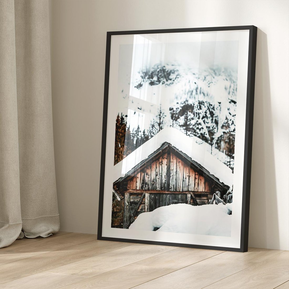 Plakat w ramie 40x50 - Domek w Górach w Białym Odcieniu - zima, domek w górach - rama czarna