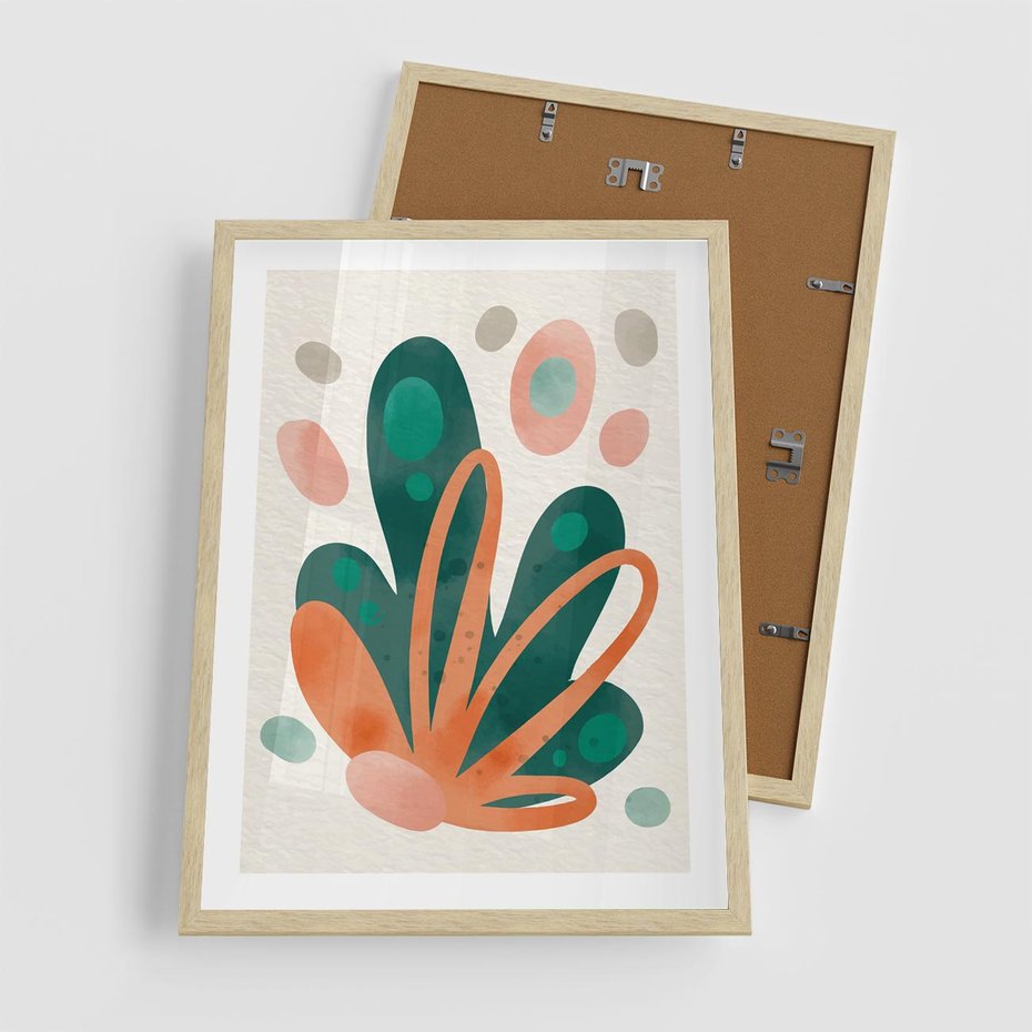 Plakat w ramie 50x70 - Harmonia bez Harmonii - akwarelowe abstrakcyjne kształty, zieleń i pomarańcz - rama drewno