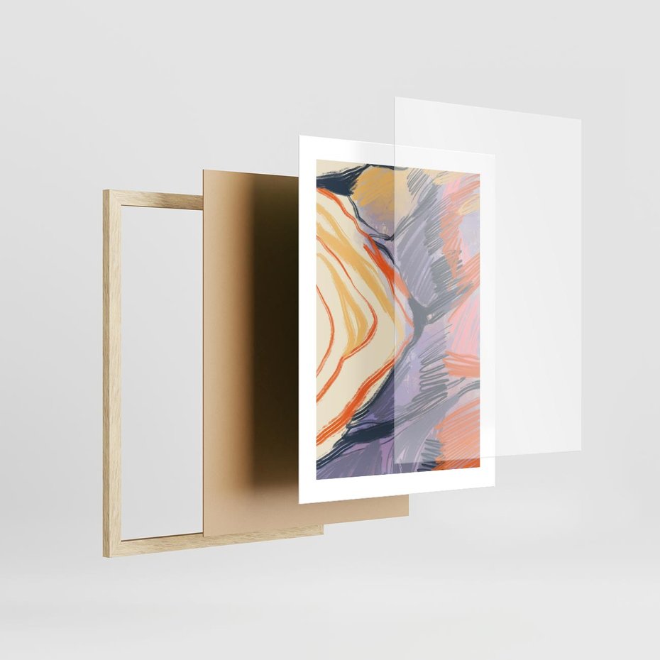 Plakat w ramie 30x40 - Pokreślony Świat - abstrakcyjne formy, odcienie pomarańczu i fioletu - rama drewno