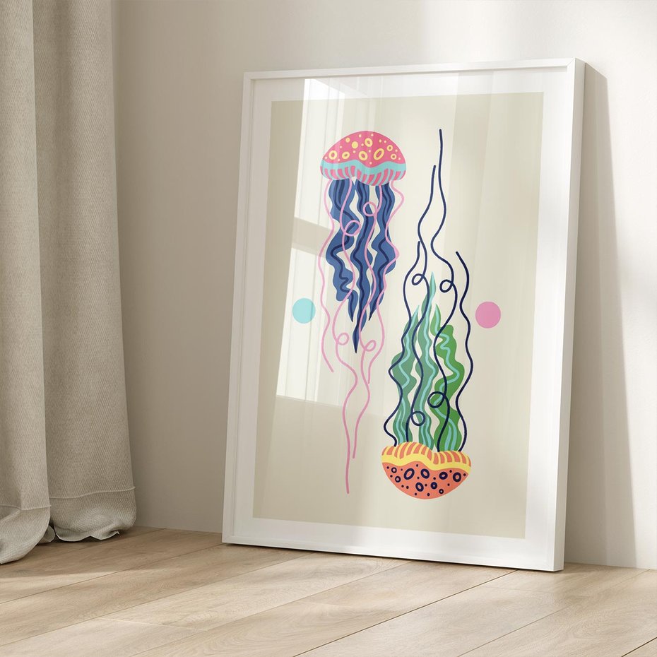 Plakat bez ramy 40x50 - Morskie Pulsacje - nowoczesny optymistyczny plakat, kolorowe meduzy