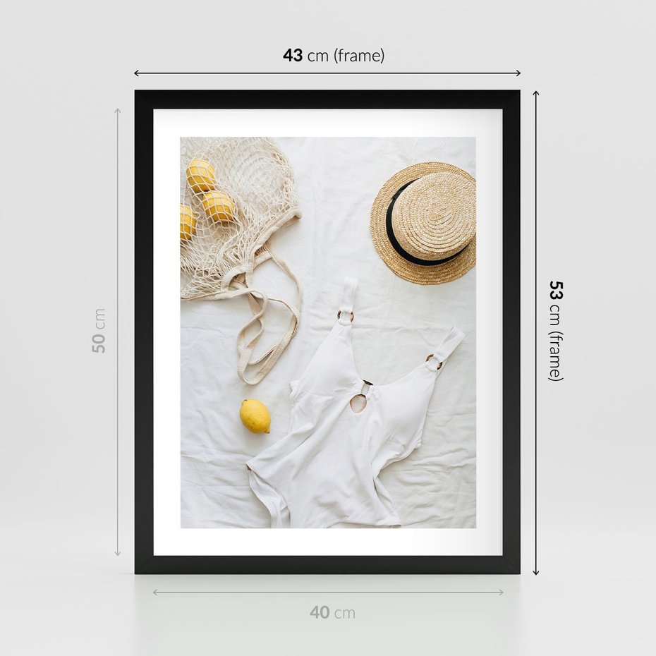 Plakat w ramie 40x50 - Moda na Wakacje: Cytrynowy Urok - kompozycja letnia, fashion - rama czarna