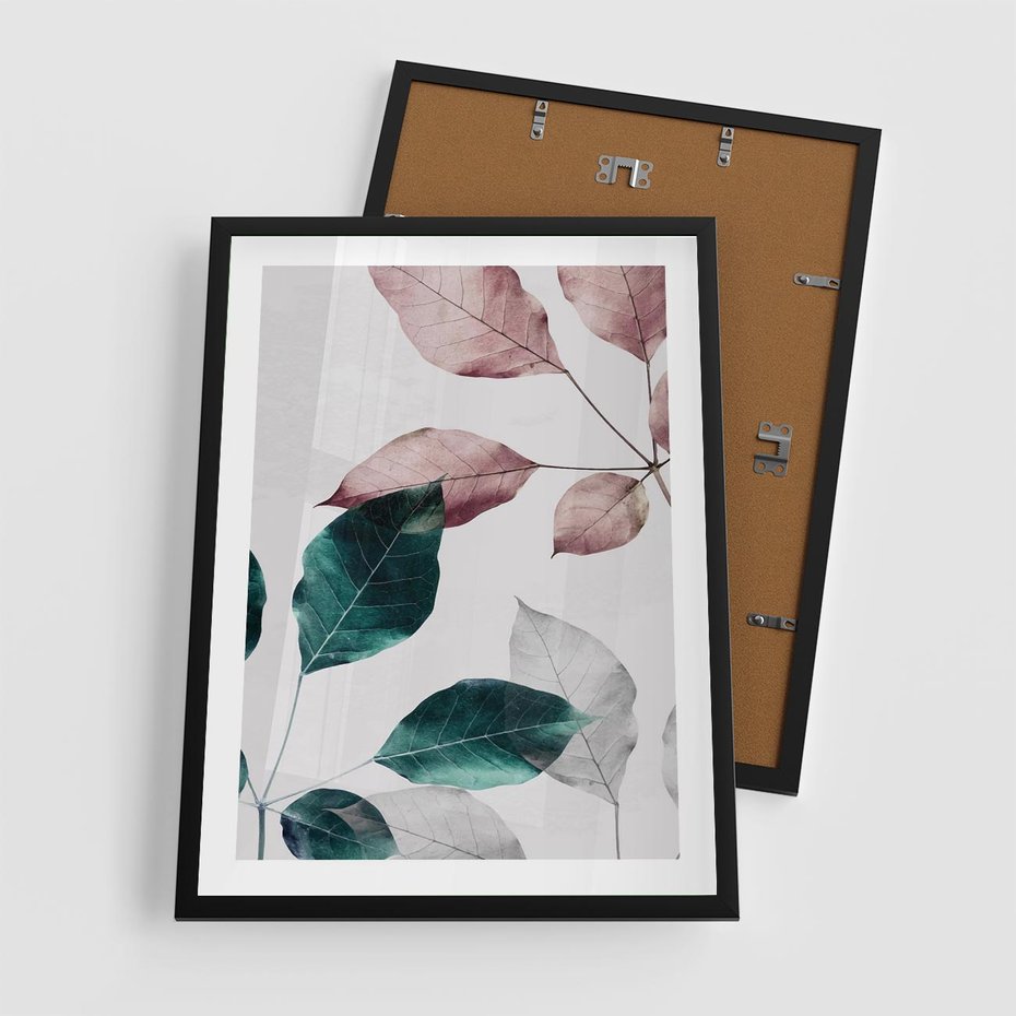 Plakat w ramie 50x70 - Pastelowe Liście w Minimalizmie - pastelowe liście, minimalistyczny obraz - rama czarna