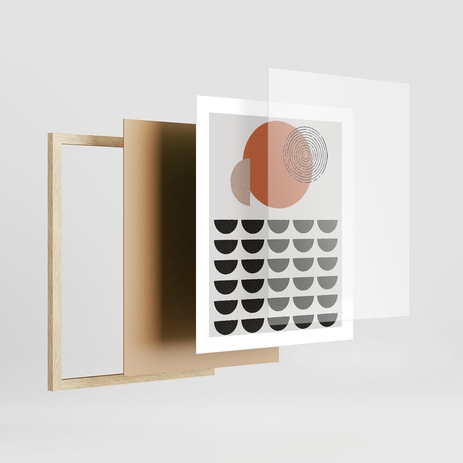 Plakat w ramie 40x50 - Geometryczna Ekspresja - geometryczny graficzny obraz, pomarańczowe koło - rama drewno