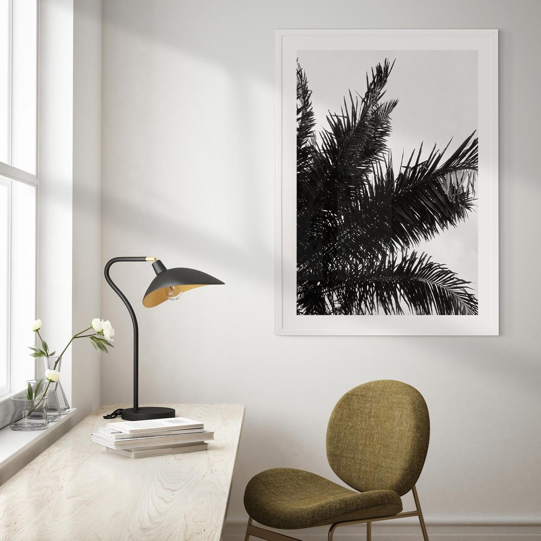 Plakat w ramie 30x40 - Czas Zapomnienia - palmy, czarno biała fotografia - rama biała