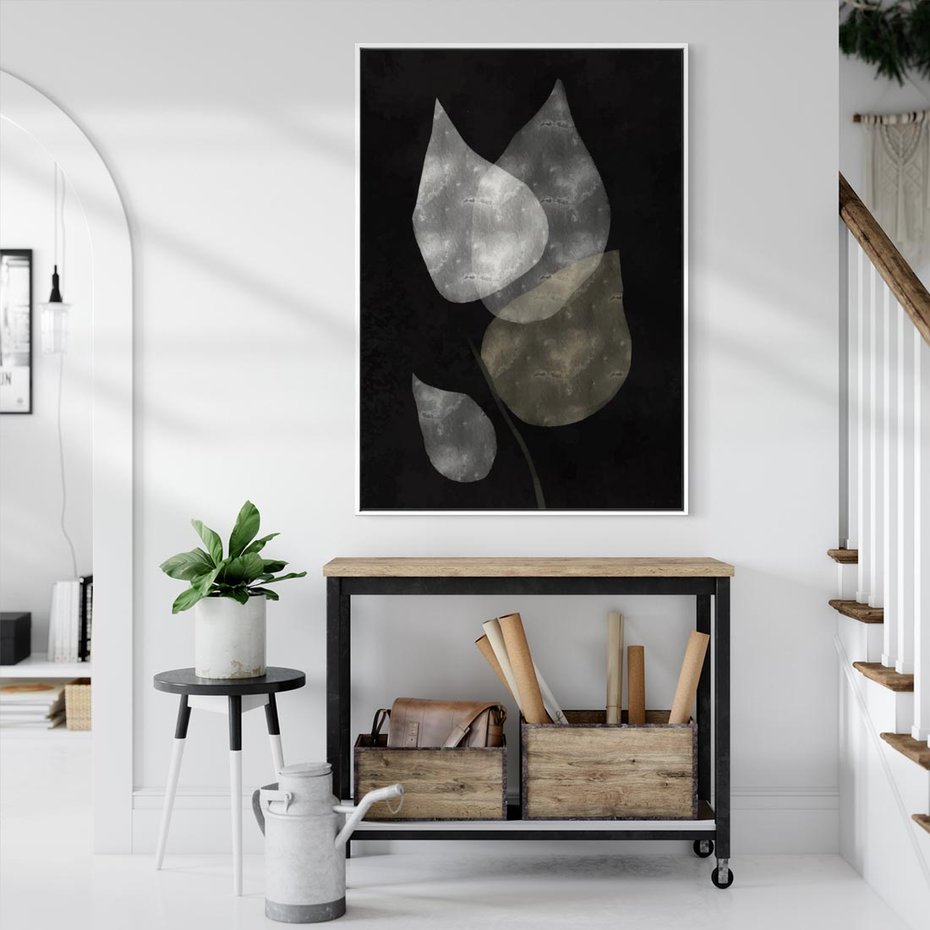 Obraz w ramie 80x120 - Mroczne Złudzenia - abstrakcyjne liście, mroczna atmosfera - rama biała