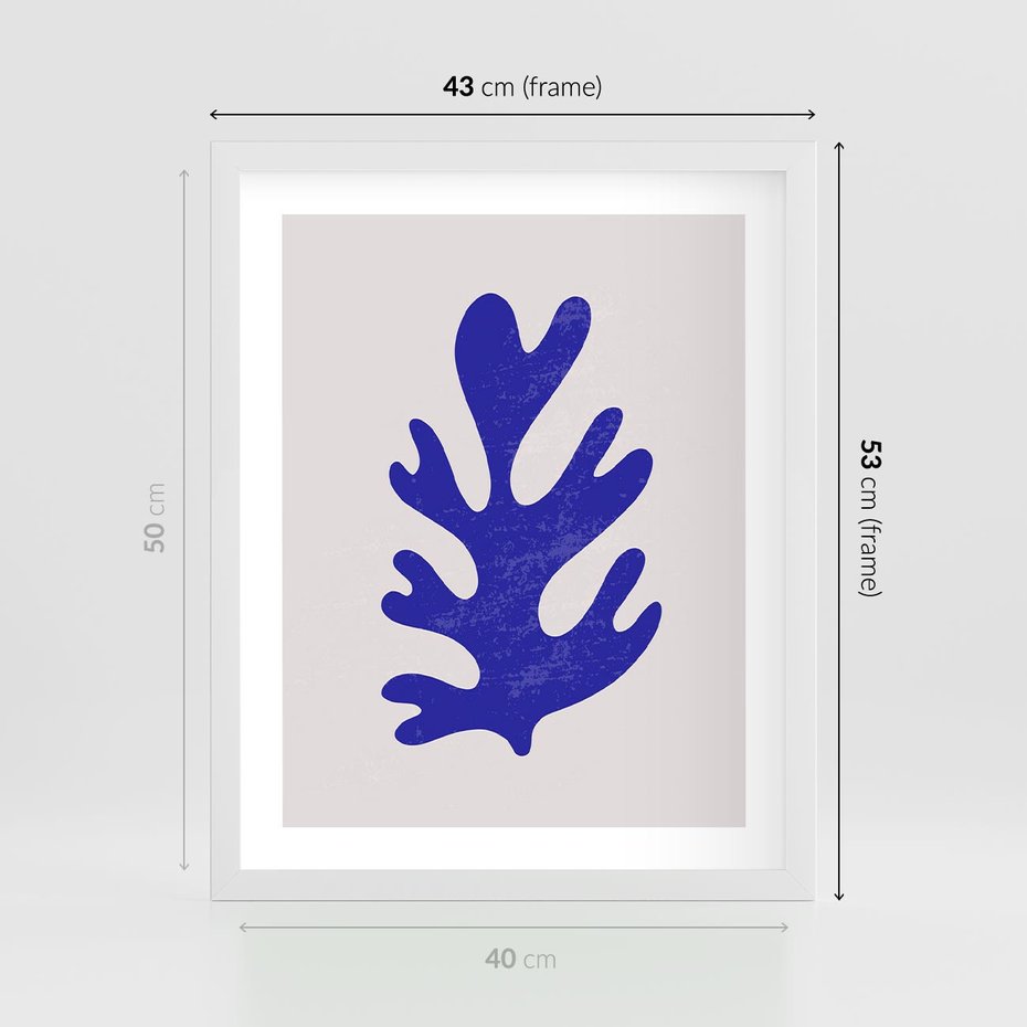 Plakat w ramie 40x50 - Przenikająca Struktura - boho plakat, niebieski liść w intensywnym kolorze - rama biała