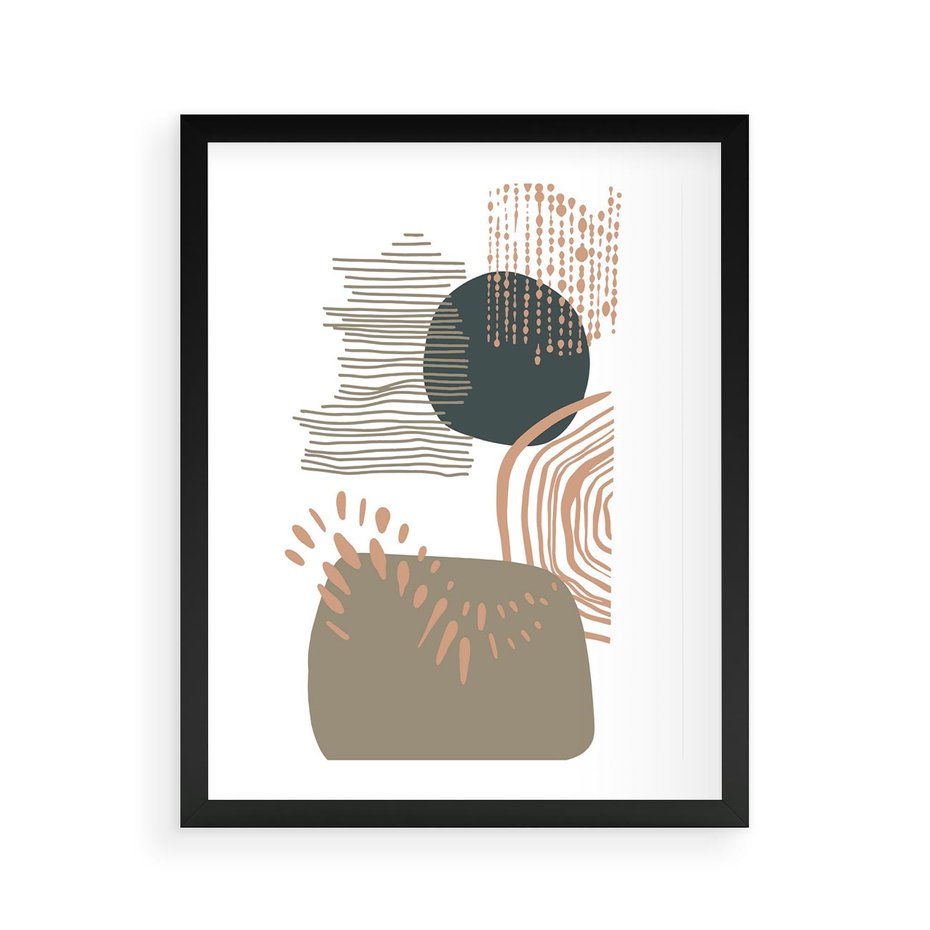 Plakat w ramie 40x50 - Taniec Plam - abstrakcyjna kompozycja z kropek kresek i kółek, odcienie brązu i beżu - rama czarna