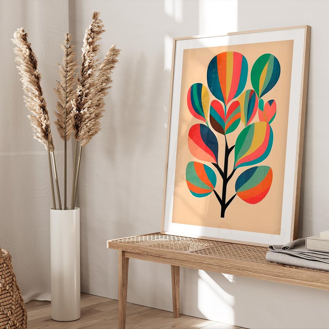 Plakat w ramie 40x50 - Harmonia Rozplątanych Form - abstrakcyjny kolorowy tęczowy obraz, inspiracje roślinne - rama drewno