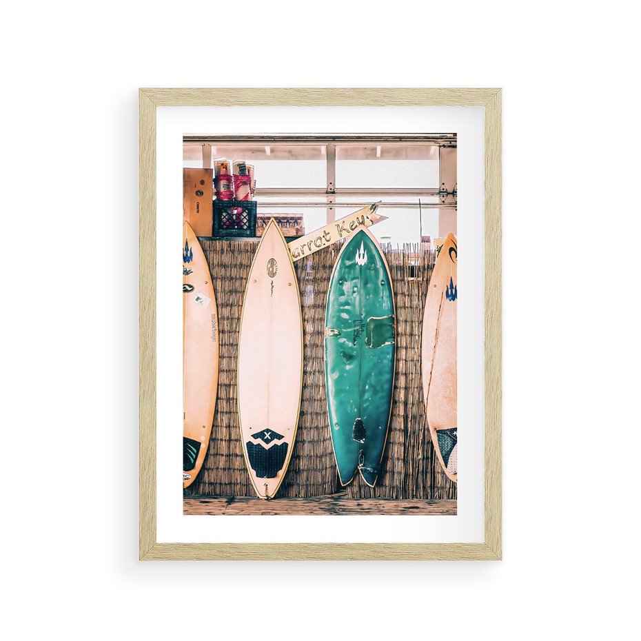 Plakat w ramie 30x40 - Deski Surfingowe w Pionie - deski surfingowe, ustawione pionowo - rama drewno