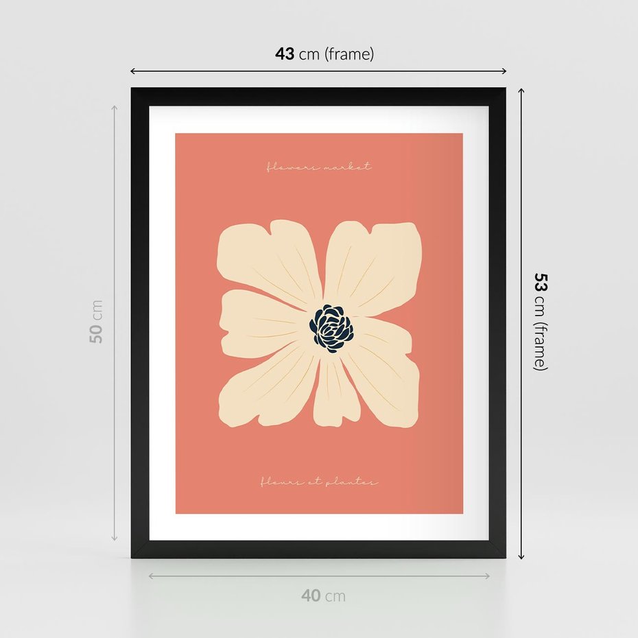 Plakat w ramie 40x50 - Malowane Kolorowe Echa - minimalistyczna grafika, biały kwiat na różowym tle - rama czarna