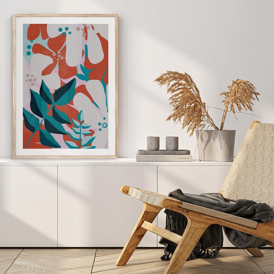 Plakat w ramie 30x40 - Harmonijne Formy - abstrakcyjna kompozycja kwiatowych form, kolor zgaszone - rama drewno