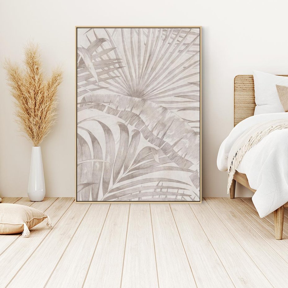 Obraz w ramie 50x70 - Odsłonięte liściowe wspomnienia - monochromatyczne, kolory sepii - rama drewno