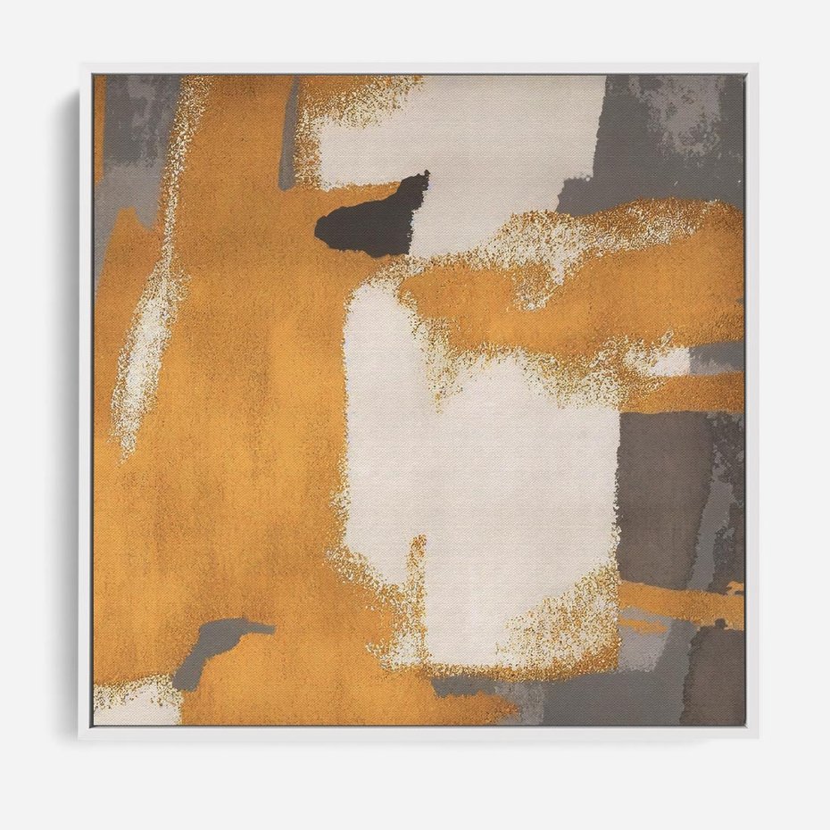 Obraz w ramie 80x80 - Złote Maźnięcia Pędzla - złota abstrakcja, plamy - rama biała
