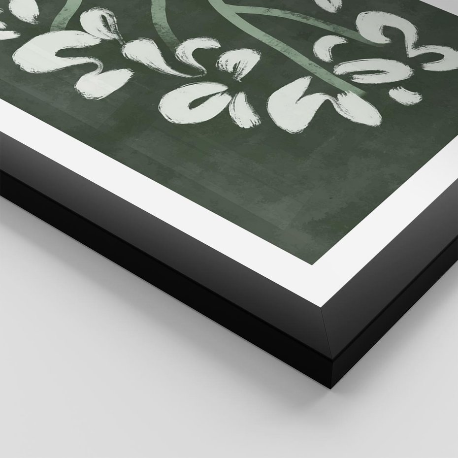 Plakat w ramie 30x40 - Rozkwitające Zielone Gałęzie - abstrakcyjne delikatne zielone linie, podobne do gałęzi kwiatów - rama czarna
