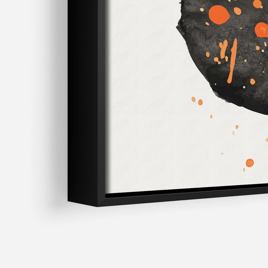 Obraz w ramie 50x50 - Impulsy Kreatywności - abstrakcyjna czarna plama, rozsiane pomarańczowe kropki - rama czarna