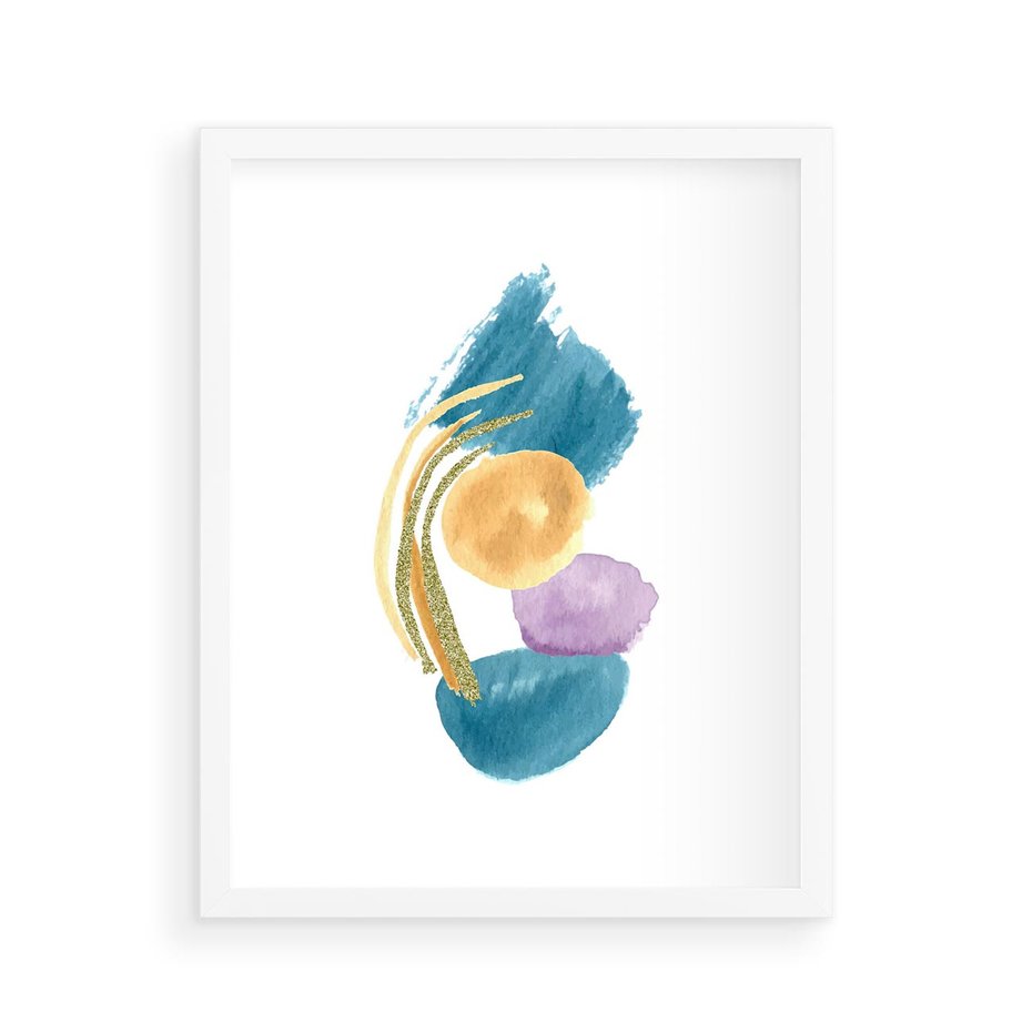 Plakat w ramie 40x50 - Migocące Barwy Akwarel - akwarelowe plamy w odcieniach błękitu, złote kreski - rama biała