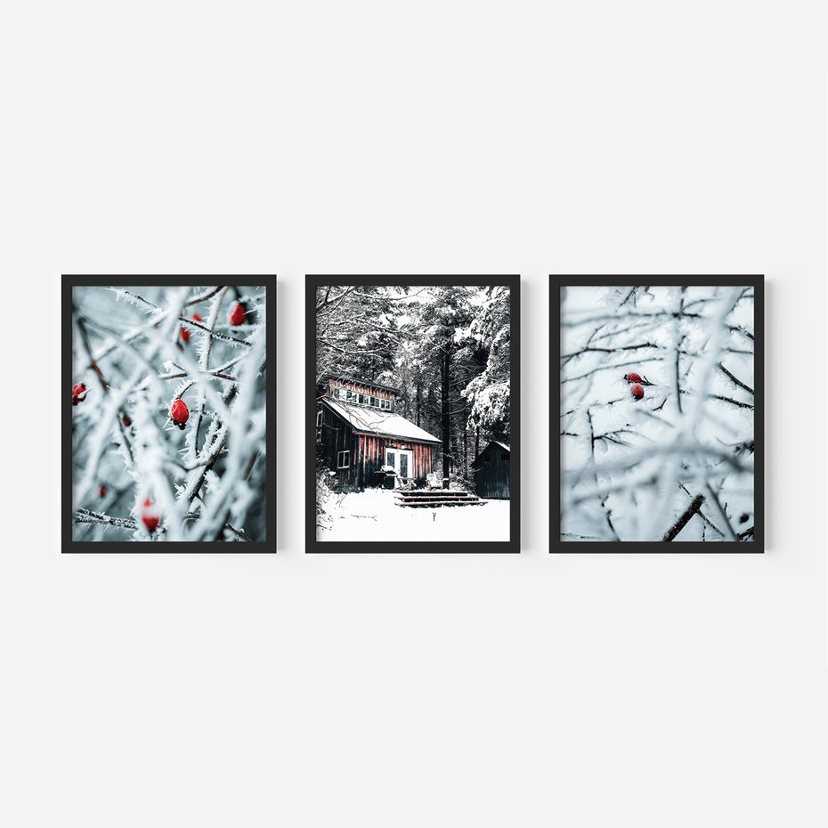 Zestaw obrazy w ramie 50x70 galeria - Zimowa, scenerai, domek, śnieg - rama czarna