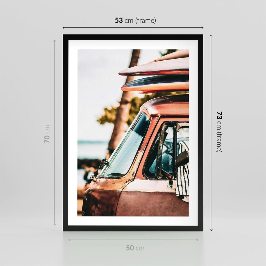 Plakat w ramie 50x70 - Surfingowa Wolność - samochód, stary van - rama czarna