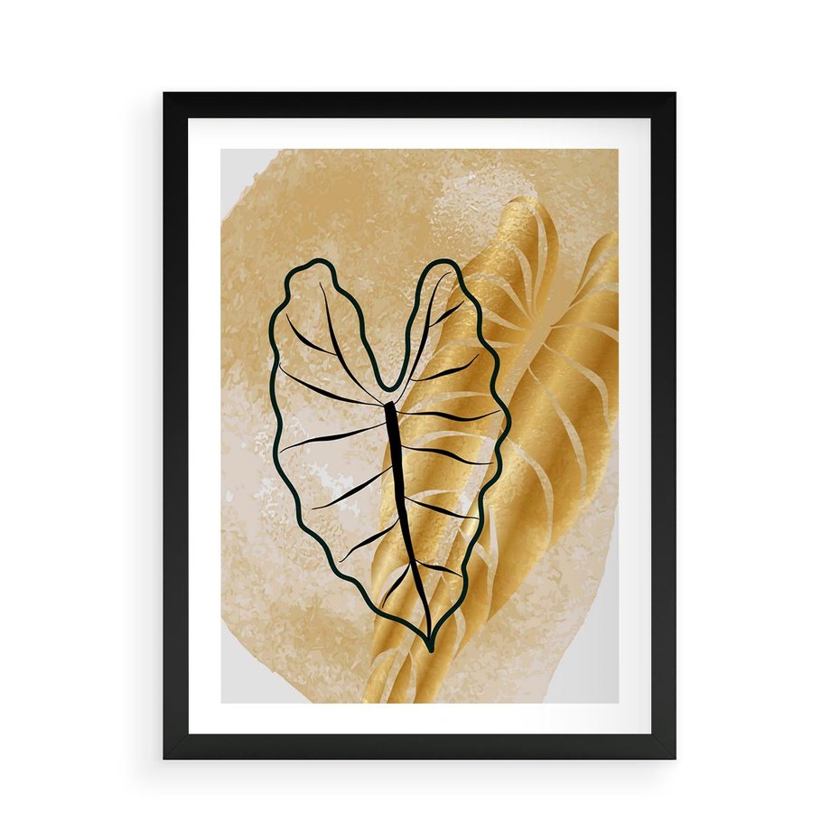 Plakat w ramie 50x70 - Monstera w Złocie - złote liście monstery, grafika - rama czarna