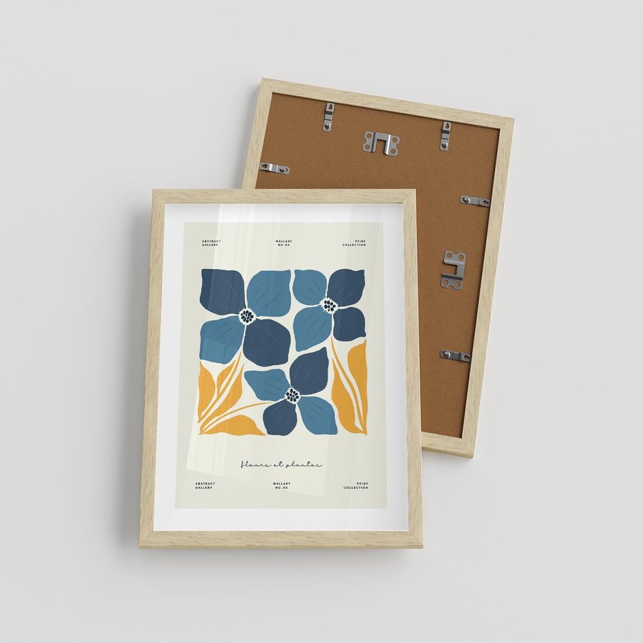 Plakat w ramie 30x40 - Błękitne Nowości - niebieskie kwiaty, nowoczesna sztuka - rama drewno