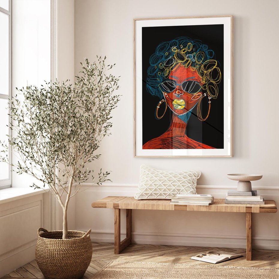 Plakat w ramie 30x40 - Kolorowe Wibracje Rzeczywistości - abstrakcyjny portret kobiety, twarz - rama drewno