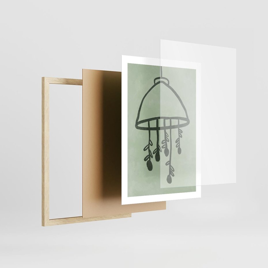 Plakat w ramie 50x70 - Zieleń Inspirującego Spokoju - plakat z abstrakcyjną zieloną lampą, skandynawski design - rama drewno