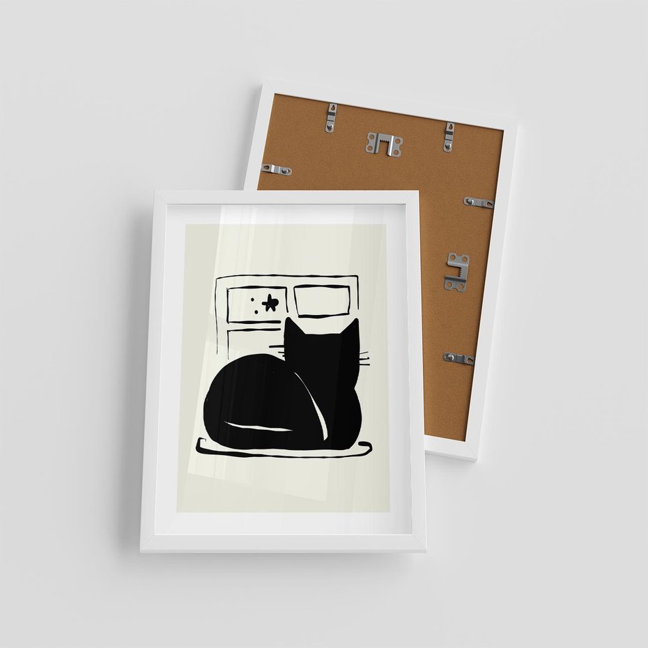 Plakat w ramie 30x40 - Czarny Kot: Prosta Elegancja - grafika, minimalizm - rama biała